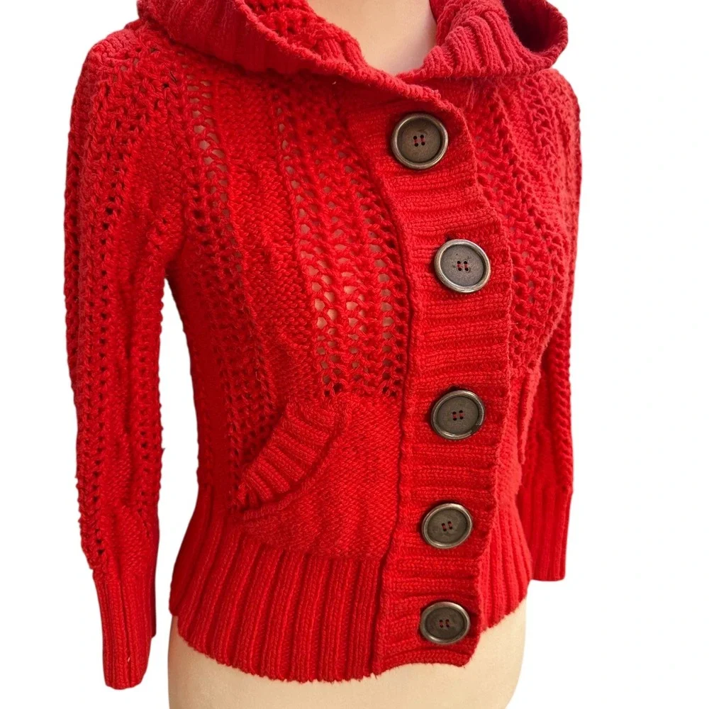 Free People‎ Red Knit Button Front Hooded Cardigan Sweater XS